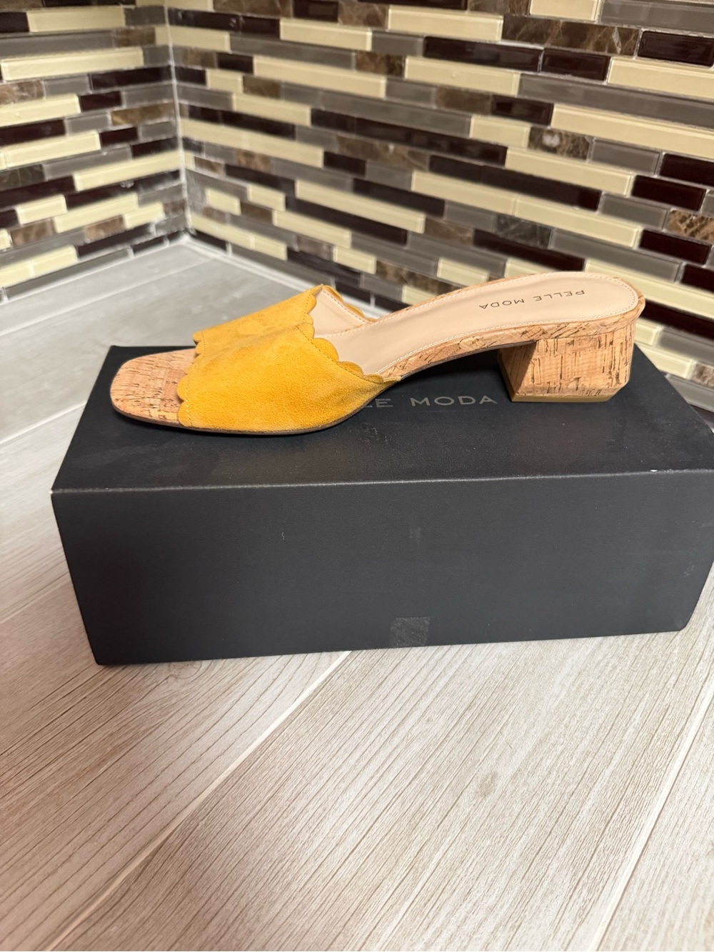 Pelle Moda Mustard Suede Cork Block Heel Mule